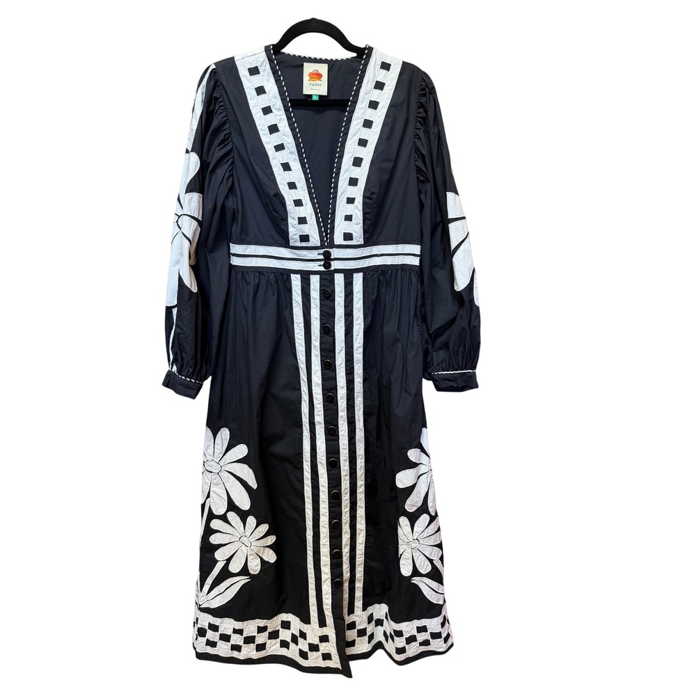 Farm Rio Black White Floral Embroidered Button Front Maxi Dress Medium 329136 - Picture 3 of 17